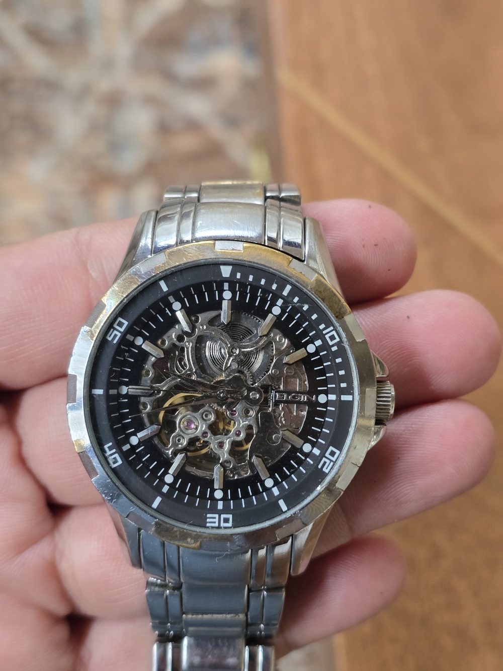 Skeleton Dial Stainless Steel Men's Watch - Silver/Gold FG8030 Elgin Automatic W